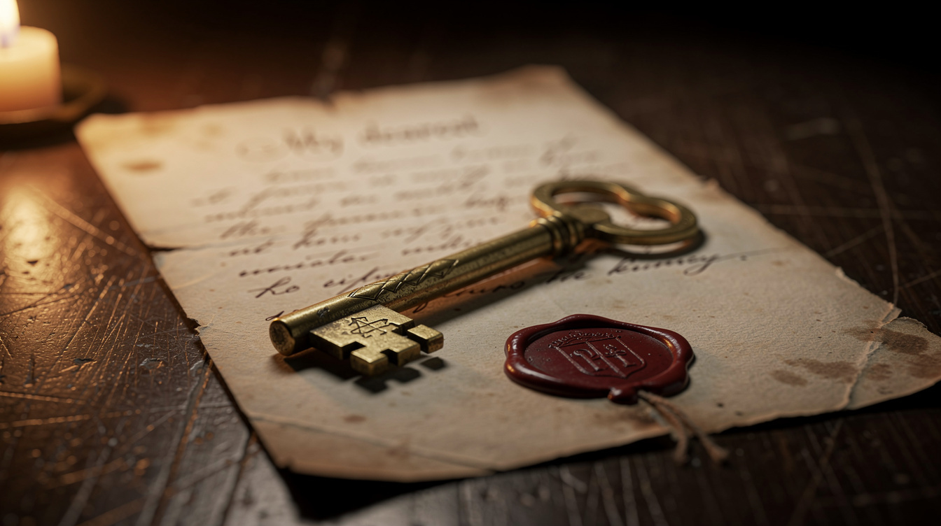Antique brass key resting on a handwritten sealed letter