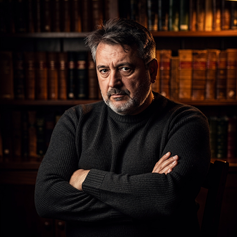 Portrait of a middle-aged Croatian male mystery writer in a study