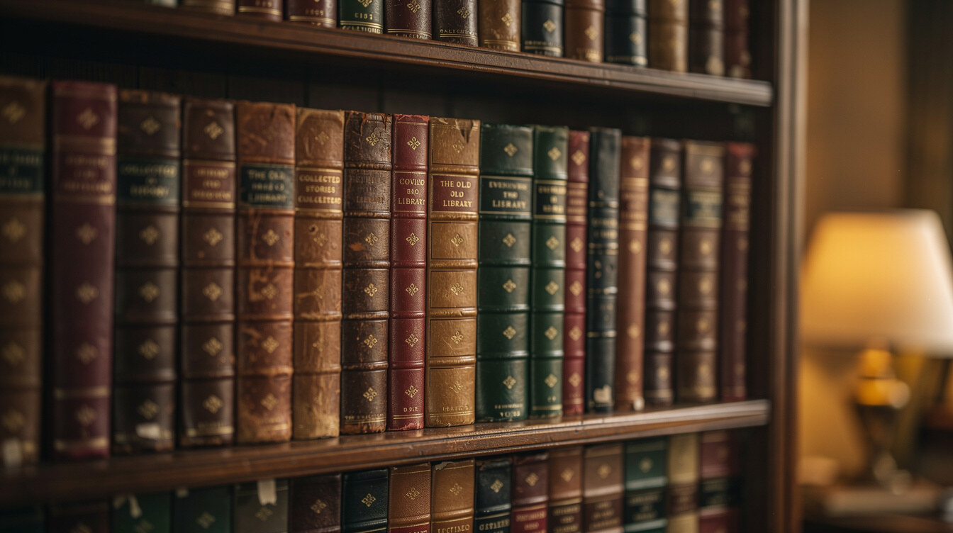 Tall wooden bookshelves filled with old hardcover novels